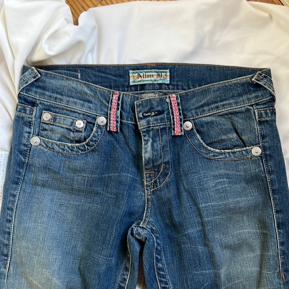 COPY - ABS Allen B cropped jeans pink Swarovski crystals on belt loops and cuff…